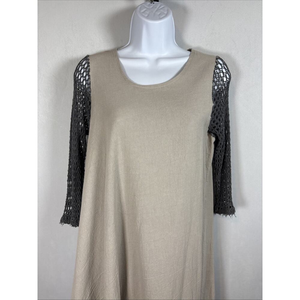 Lee Andersen Midi Dress Women's XS Khaki Mesh Sleeves Asymmetrical Relaxed Artsy - Picture 2 of 8